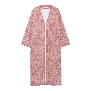 Women Extra Long Trench Coat Ethnic Geometric Embroidery Kimono Open Front Cardigan Woven Polyester Retro Jacket