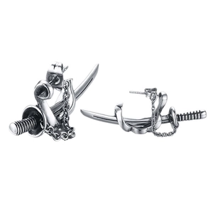 Punk style silver sword stud earrings with chain link for men on a white background