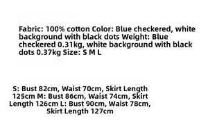 Size chart for women's 100% cotton midi dress in blue plaid and black polka dots
