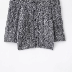 Women's knit cardigan with puff short sleeves and grey marl texture with black buttons