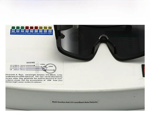 UV400 testing display for mask-style sunglasses showing real-time UVA protection level