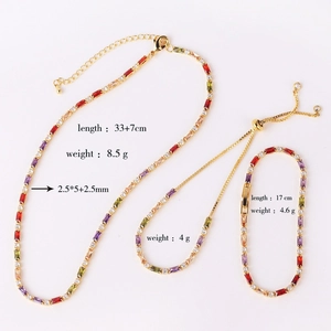 Detail view of colorful zircon necklace and bracelet set with size and weight specs