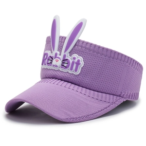 Cute purple kids knit sun visor hat with 3D rabbit ears for summer outdoor play