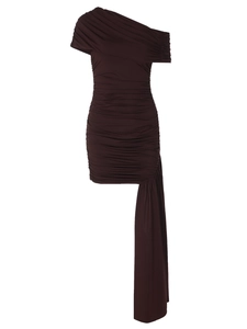 Mini robe moulante marron foncé à une épaule avec détails froncés et ruban décoratif