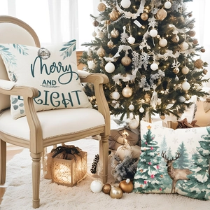 Linen Christmas pillow case with deer tree print and Merry and Bright text for sofa decor