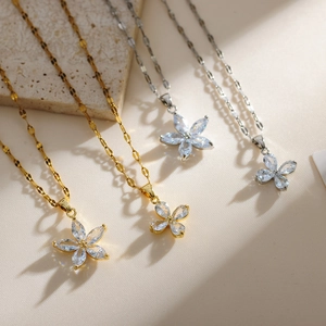 Copper Pendant Necklace Cubic Zirconia Cherry Butterfly Bow Boy Girl Figure Sweet Elegant Korean Style Jewelry Women