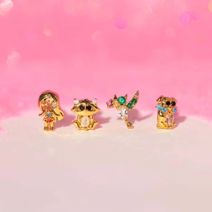 Exquisite animal zircon earrings set including girl, raccoon, hummingbird, and puppy designs