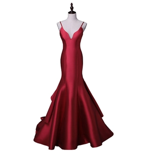 Elegant Satin Mermaid Evening Dress Spaghetti Straps Deep V Neck Lace Up Back Floor Length Formal Gown For Women