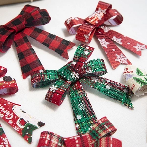 Plaid Christmas tree bows in red and green snowflakes patterns for festive DIY decor