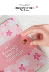 Close-up of pink floral 100 envelope savings challenge binder with metal snap closure