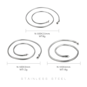 Detailed view of three stainless steel snake chain necklaces in various sizes and weights