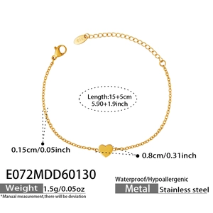 Detail view of gold heart chain bracelet showing dimensions and adjustable lobster clasp
