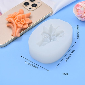 Detailed white silicone flower mold with product dimensions and a mobile phone scale