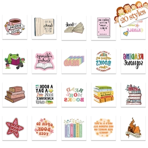 Detailed grid layout of 20 unique cartoon reading themed waterproof temporary tattoos