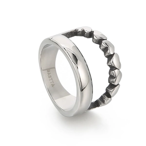 Double-layered silver titanium steel ring with hollow heart patterns and polished finish