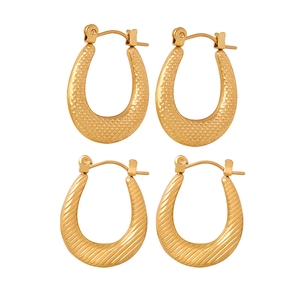 Unique geometric gold-plated U-shaped earrings with textured mesh and stripe patterns