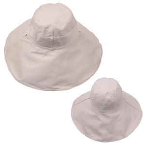 Detail view of the wide-brimmed beige sun hat from two different perspectives.