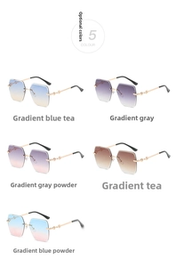 Close-up of frameless gradient sunglasses with chic metal chain temples in five colors