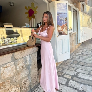 Pink satin maxi dress with ruffled camisole straps and deep V-neck tie-up front design