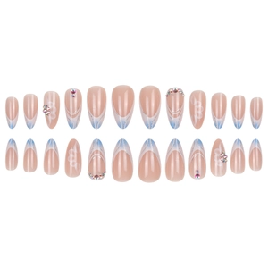 Faux ongles amande french avec base nude, design marbre bleu et strass en cristal