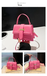 Detailed views of a pink leather handbag with a golden H-buckle and adjustable strap