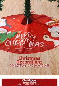 Detail of red Christmas tree skirt with festive penguin and reindeer print decorations