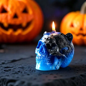 Creative bear skull scented candle for Halloween decor with blue and black realistic textures