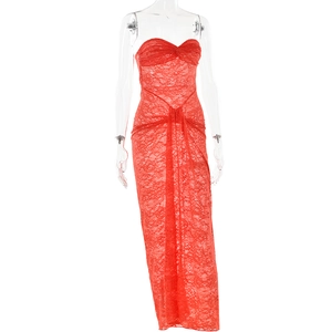 Red lace tube top maxi dress featuring mesh splicing and elegant pleated details