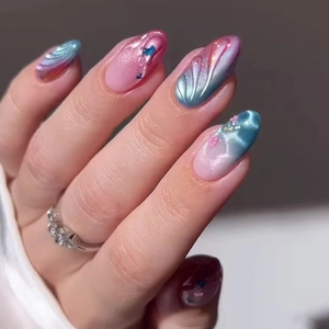 Blaue Rosa Gradient Cat Eye Press On Nägel Lange Mandel Muschel Textur 3D Welle Aurora Künstliche Perle Glänzende Künstliche Nägel