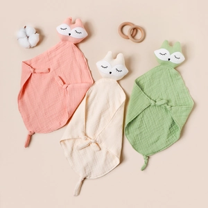 Detailed texture of muslin cotton baby security blankets with cute fox head designs