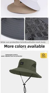 Detail view of water-resistant sun hat with breathable mesh and adjustable drawcord