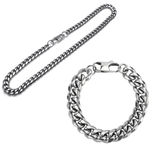 Polished stainless steel Cuban link necklace and bracelet set with secure lobster clasps