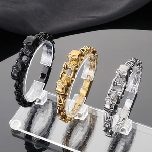 Bracelets byzantins à crâne punk pour hommes en acier inoxydable noir, or et argent
