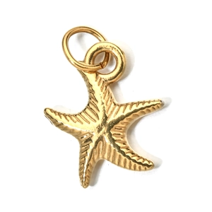 Detailed macro shot of a golden starfish pendant with polished metallic gold finish