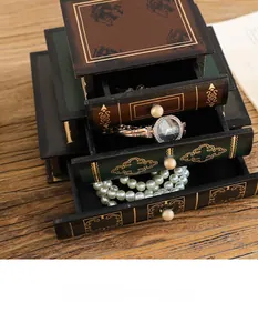 Three-layer vintage wooden book-shaped jewelry storage box with open drawers