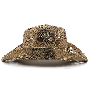 Handwoven straw cowboy hat with diamond hollow patterns and wide brim for sun protection