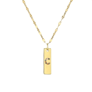 Gold-plated rectangular pendant necklace with colorful crystal encrusted letter C