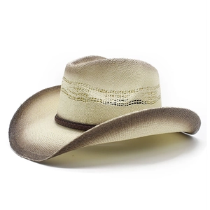 Detail of western straw cowboy hat with gradient edges and woven decorative band