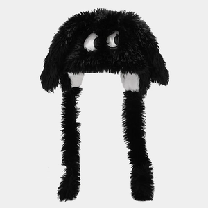Cute black plush monster hat with large eyes and long ear flaps for women warmth