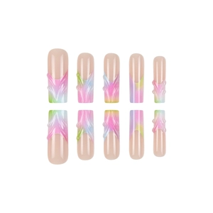 Set of 10 long square press-on nails with 3D colorful fluid textures on nude base