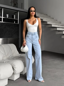 Jean Femme Taille Haute Jambe Large Bleu Clair Délavé Vintage Coton Denim Pantalon Évasé Streetwear Mode