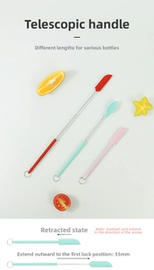 Detail view of telescopic silicone spatulas extending 55mm for deep cosmetic jars