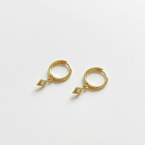 Minimalist gold S925 silver hoop earrings with diamond-set rhombus pendants on white background
