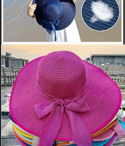 Dettaglio di cappelli di paglia a tesa larga con grandi fiocchi di nastro in vari colori