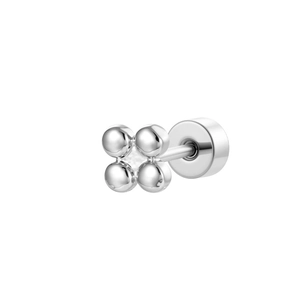 Minimalist four-ball silver metal ear stud with screw back post on white background