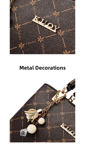 Detail of luxury handbag hardware with gold rose pendant and pearl decoration