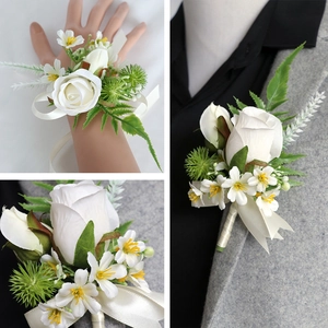 White rose boutonniere and wrist corsage set for rustic weddings and banquets
