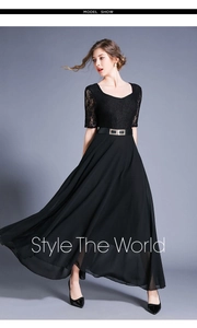 Detail of elegant black lace bodice with square neckline and chiffon maxi dress waist buckle