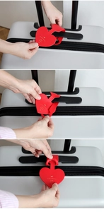 Three-step guide showing how to attach a red heart-shaped PU leather luggage tag to a suitcase
