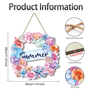 Hawaiian summer beach wooden welcome sign with flowers and sea shells, 30x29cm size